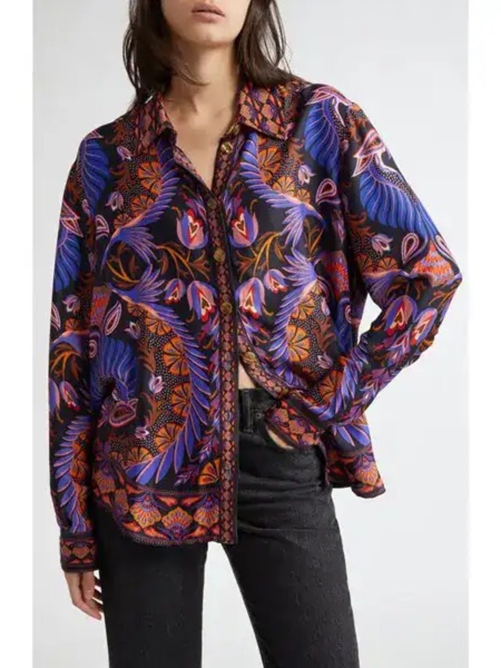 FARM RIO black heart forest long sleeve collared button up shirt blouse medium